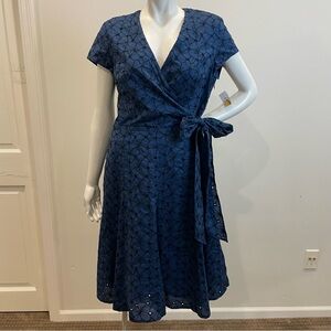 NWT TALBOTS Navy Blue & Black Eyelet Floral Faux Wrap Midi Dress Petite